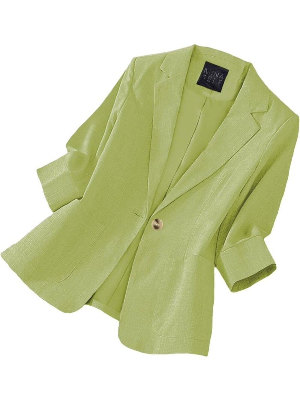 Women's Green Cowl Neck 3/4 Sleeve Button Pockets Breathable Molded Linen Blazer